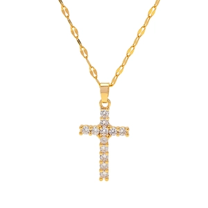 18K gold plated stainless steel cross pendant necklace with white zircon inlay for women