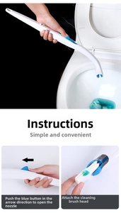 Detail of disposable toilet brush handle with sliding button and cleaning refill heads