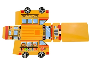 Flat design of school bus gift box showing cartoon animal prints and foldable structure