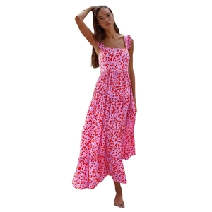 Bohemian floral maxi dress with square neck and layered pink print for women