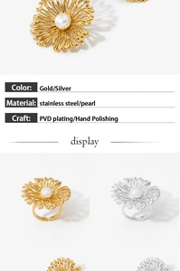 Detailed view of adjustable stainless steel flower ring with central pearl and PVD plating