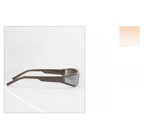Detail view of brown Y2K sunglasses temple showing precise printed size specifications