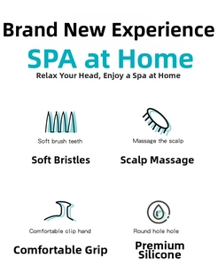 Detail view of ergonomic silicone head massage brush with soft bristles and grip handle