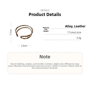 Leopard print leather open cuff bracelet made of alloy showing 7.7x1.6cm dimensions