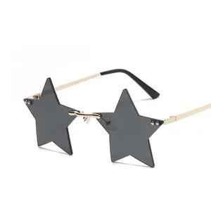 Rimless star-shaped sunglasses with black lenses and gold metal temples for party fashion
