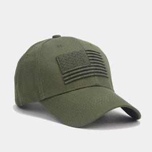 Army green baseball cap with embroidered US flag pattern in a tactical outdoor style