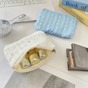 Detailed view of mesh cosmetic bags with sequin embroidery and makeup storage
