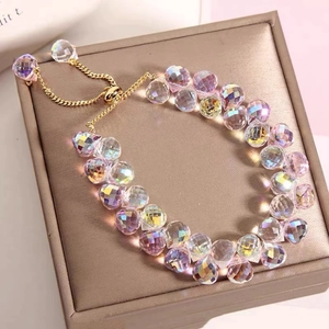Handmade beaded crystal bracelet for girls with colorful iridescent beads and gold chain
