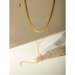 Minimalist double-layered 18k gold stainless steel necklace on a white stone background