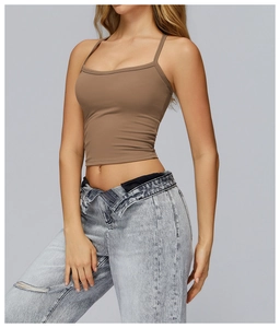 Close-up of brown brushed yoga camisole with thin straps and a square neckline