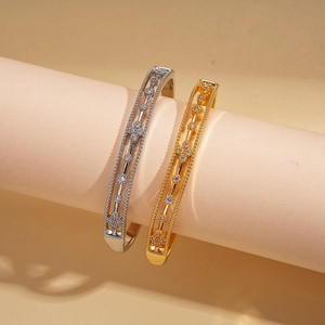18k gold plated cutout flower bangles with zircon stones in silver and gold finishes