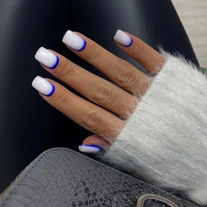French Tip Press On Nails Morandi Blue And White Square High Gloss Artificial Fake Nails Elegant Fashion For Women