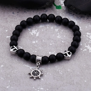 Men's nautical matte black beaded bracelet with silver anchor and helm pendants