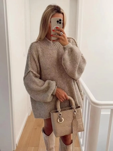 Women Oversized Knit Sweater Pullover Polyester Round Neck Long Sleeve Loose Casual Soft Solid Color Top