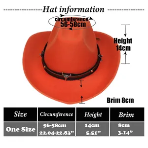 Size chart for wool felt cowboy hat showing 56-58cm circumference and 8cm brim width