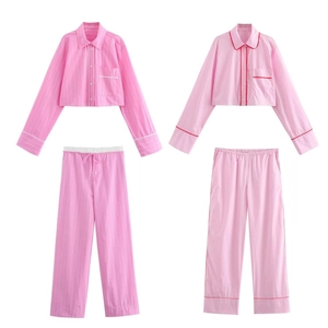 Loungewear Donna Stile Pigiama Popeline Camicia Cropped A Maniche Lunghe E Pantaloni A Vita Alta Bordino A Contrasto Righe