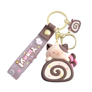 Cute cartoon cat swiss roll keychain with purple silicone strap and gold metal hardware