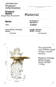 Detailed dimensions of the vintage angel floor statue with a golden tray in resin material
