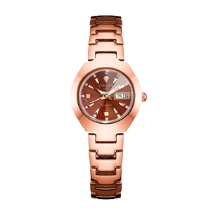 Montre quartz or rose élégante avec cadran marron diamanté et double calendrier