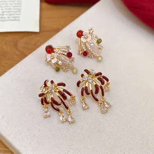 Vintage gold-plated firework earrings with zircon and colorful floral enamel accents