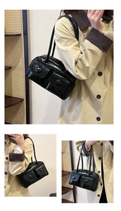 Three-view montage of a black glossy shoulder bag with double pockets on beige trench coat