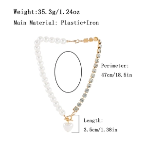 Asymmetric faux pearl and rhinestone heart necklace with OT buckle and size measurements