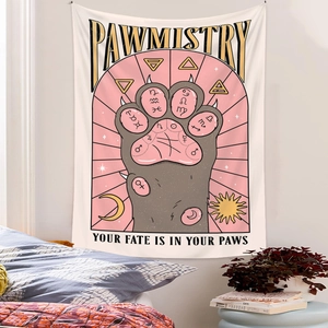 Pink Pawmistry cat wall tapestry with astrological motifs for aesthetic bedroom decor