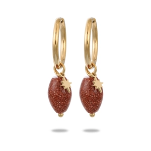 Gold-plated stainless steel hoop earrings featuring star charms and brown stone pendants