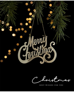 Close-up of golden Merry Christmas lettering ornament hanging on a pine tree branch