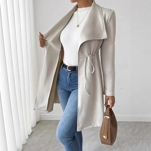 Detail of waist drawstring and collar design on a beige mid-length trench coat