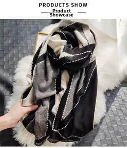 Detailed view of the thick winter scarf showing geometric waves and tassel edges