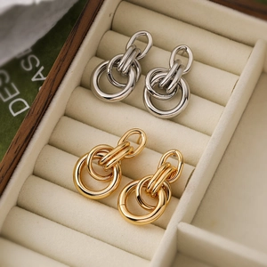 Interlocking Ring Drop Earrings Copper Real Gold Plated Minimalist Geometric Nested Multi Layer Polished For Women