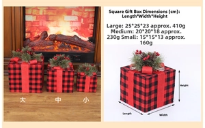 Spécifications de taille pour coffrets cadeaux de Noël à carreaux rouges et noirs en trois dimensions