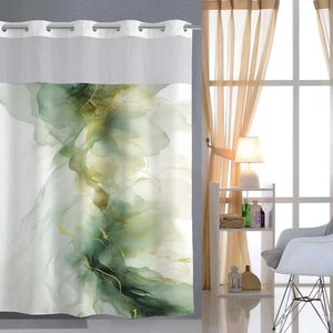 Detail of waterproof bathroom curtain with silver metal rings and green abstract patterns