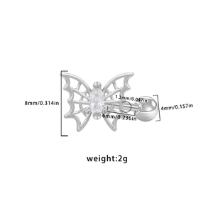Technical diagram of butterfly cartilage stud with 1.2mm gauge and 6mm width details