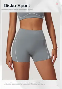 Vue détaillée du short de sport gris bleu taille haute avec coutures blanches contrastées