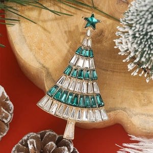 Detailed close-up of a sparkling rhinestone Christmas tree brooch on a festive background