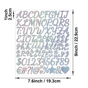 Detail view showing 1-inch holographic glitter alphabet stickers with full size measurements