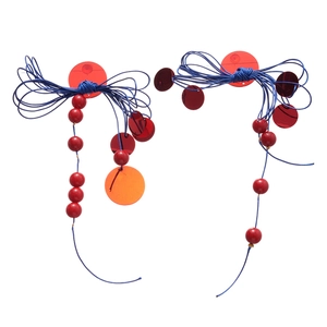 Ethnic style round resin knot long tassel earrings with blue cord and vibrant red beads