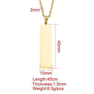 Gold rectangular stainless steel pendant necklace showing detailed dimensions and chain length