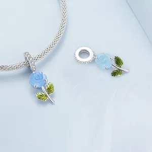 S925 sterling silver blue rose charm for bracelets featuring green enamel leaves