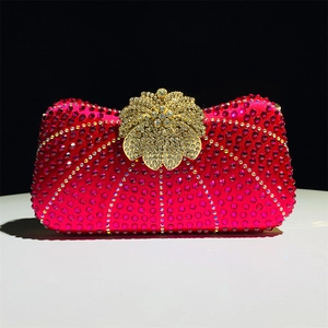Luxury rose red rhinestone clutch bag with gold flower clasp for elegant evening parties