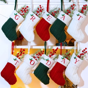 Christmas Stocking Pendants Knitted Blended Fabric Embroidered Letters A-Z Mini Hanging Socks Tree Decor Red Green White