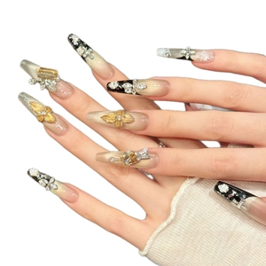 High-end luxury handmade press-on nails with 3D floral carvings and zircon stone decor