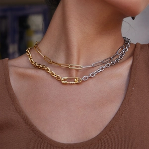 Layered 18K gold stainless steel heart and paperclip pendant necklaces on model