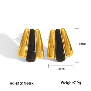 Detailed view of 18k gold plated stainless steel earrings with black enamel and dimensions