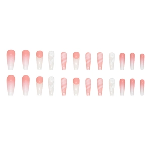 Unghie finte lunghe ballerina sfumate rosa e bianco con fiori, set da 24 pezzi