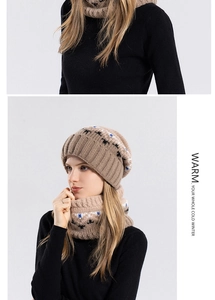 Detail of winter knitted beanie and neck warmer set with khaki jacquard pattern