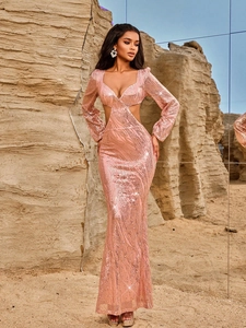 Elegant pink sequin evening gown with long sleeves, side cut-outs and a slim-fit V-neck