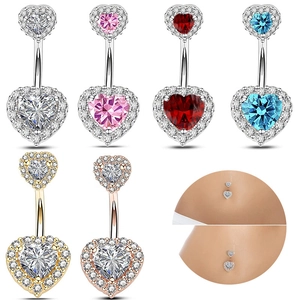 Variety of heart-shaped zircon belly rings in silver, gold, and rose gold finishes